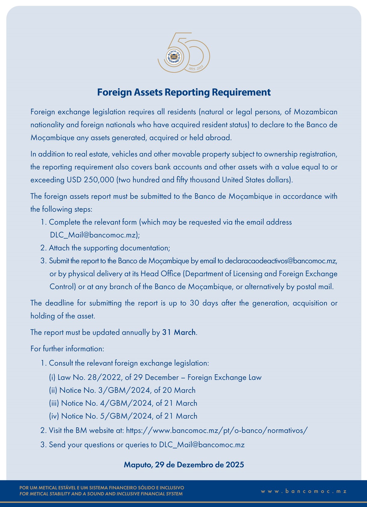 FOREIGN ASSETS REPORTING REQUIREMENT - Banco de Moçambique