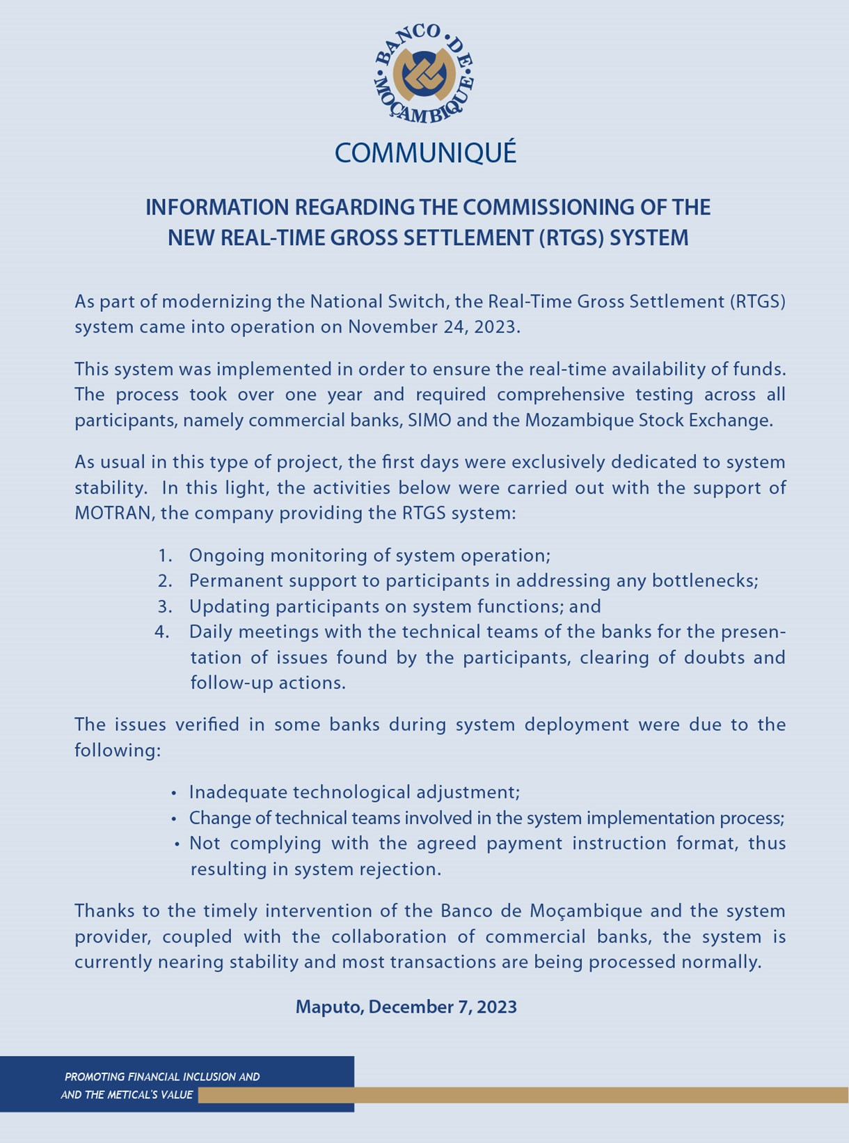 INFORMATION REGARDING THE COMMISSIONING OF THE NEW REAL-TIME GROSS ...